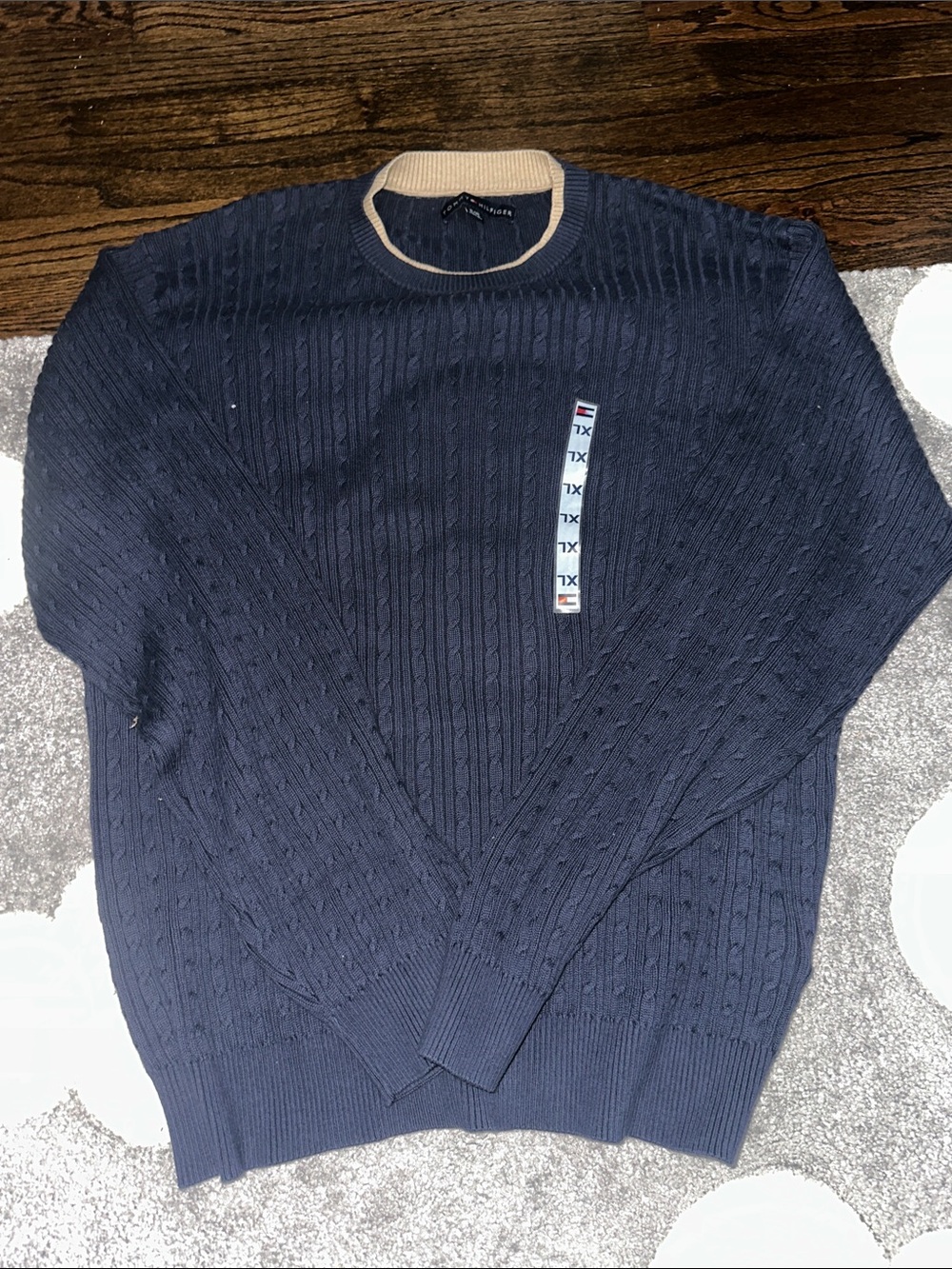 Tommy Hilfiger Navy Crewneck Cable Knit Sweater with Cream Trim